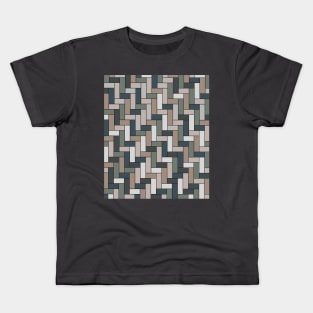 Geometric Tiled Grid Pattern in Green, Grey, Blue and Beige Kids T-Shirt